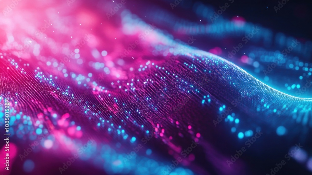 Poster 3d rendering of abstract particles in empty space with depth of field and bokeh. particles form line