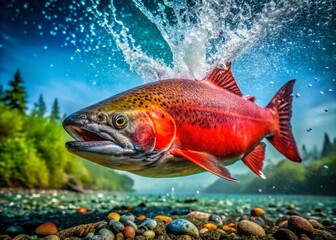 Naklejka premium Captivating Whole Salmon Fish Creating a Splash in Crystal Clear Water, Showcasing the Freshness of a Large Red Fish in a Natural Environment