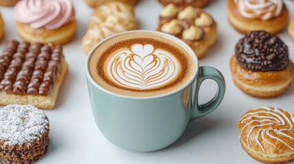 Freshly Brewed Coffee with Beautiful Latte Art Surrounded by Assorted Pastries and Donuts on a Bright Tabletop, Perfect for Food and Beverage Photography
