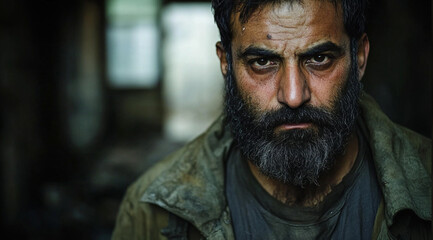 Fototapeta premium a Pakistani man in his mid-30s, a rugged and intense expression. a thick beard, piercing dark eyes, and a strong jawline, weathered jacket over a plain shirt. moonlight, broken window