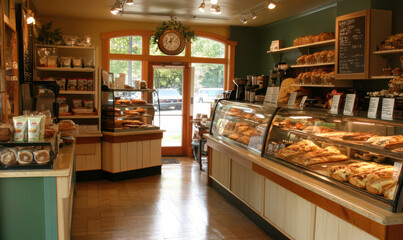 Warm, inviting bakery interior delicious pastries displayed