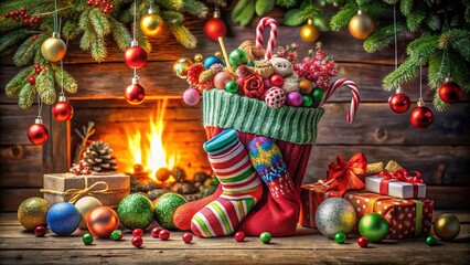 Christmas Stocking Filled with Toys, Sweets, and Mistletoe for Festive Holiday Decor and Celebrations