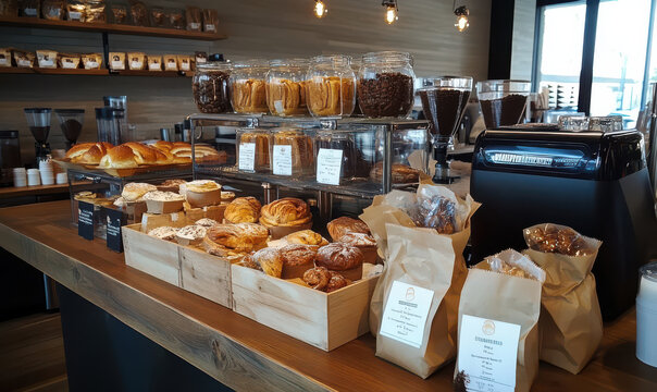 Warm, inviting bakery counter pastries coffee bread wooden boxes display rustic cafe shop food breakfast dessert sweet delicious morning aroma tempting bakery display counter display food photography