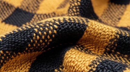 Warm knitted wool fabric in mustard and black with a checkered pattern