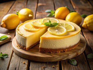 Closeup of a Creamy Lemon Cheesecake with Fresh Lemon Slices and a Perfect Slice Cut Out for an Irresistible Dessert Experience in Urban Exploration Photography