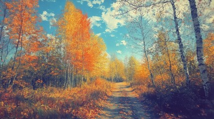 A vibrant oil painting of an autumn forest trail.
