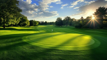 A serene golfing experience on a meticulously groomed course, Golf essentials elegantly displayed, Classic sporting style