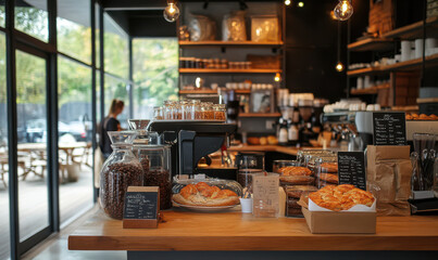 Warm, inviting coffee shop interior pastries on display