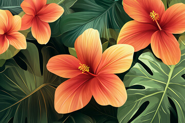 Fototapeta premium Vibrant tropical flowers and lush green leaves create a lively natural scene.