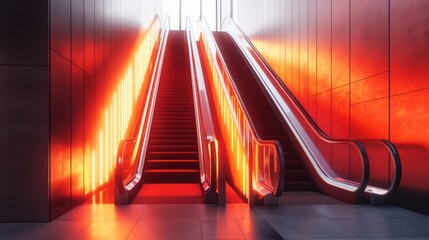 Escalator with Neon Lights in an Urban Building