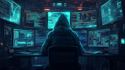 Hacker With Computer Screens Writing Code
