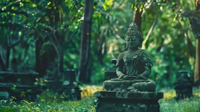 Greeting card with ancient statue great Buddha on holiday composition