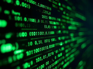 A close-up shot of computer code on a dark screen with flickering binary numbers in green hues on black background
