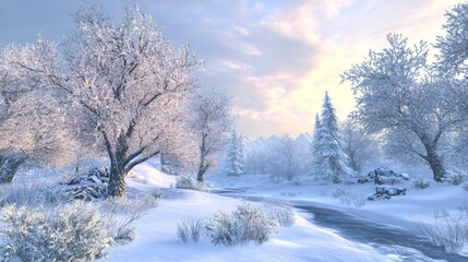 Obraz premium A serene winter scene featuring snow-covered trees.