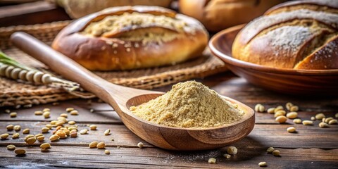 Fototapeta premium Closeup of Brewers Yeast Powder in a Wooden Spoon with Freshly Baked Bread, Highlighting Natural Ingredients and Baking Essentials for Culinary Enthusiasts