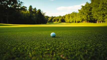 A serene golfing session on a lush green course, Golf clubs and tees set for precision play, Leisurely sport style