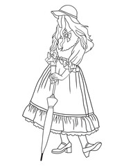 Classic black-and-white artwork depicting a young woman in vintage clothing. A nostalgic, retro-style illustration, ideal for historical, fashion, or artistic themes.