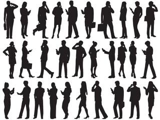  silhouette of business people . Businessman and woman standing using phones.