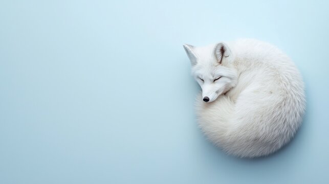 Winter wildlife close-ups. A curled up white fox resting peacefully on a light blue surface. - Powered by Adobe