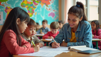 Children engaging in creative learning activities in a colorful classroom focused on autism awareness