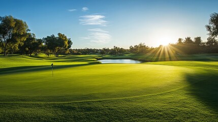 A serene golfing session on a sunlit fairway, Golf clubs and tees set up for tee-off, Classic sports style
