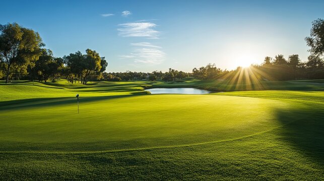 A serene golfing session on a sunlit fairway, Golf clubs and tees set up for tee-off, Classic sports style