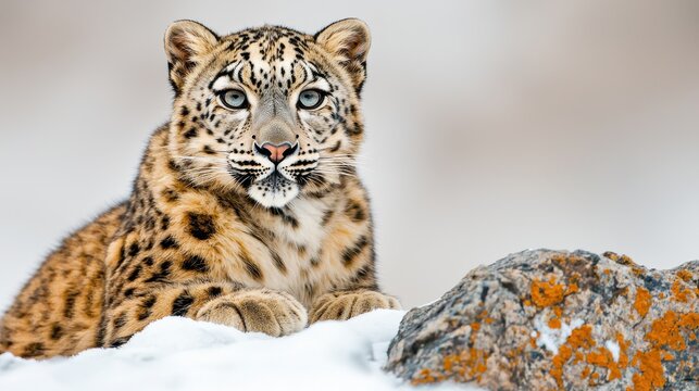 Winter wildlife close-ups. A striking snow leopard resting on a snowy landscape.