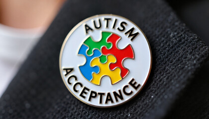 A vibrant autism acceptance badge worn at a community event celebrating diversity and inclusion