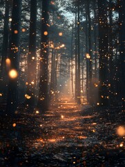 Obraz premium Enchanting Woodland Pathway Illuminated by Glowing Mystical Lights in Autumn Seasonal Fantasy Landscape