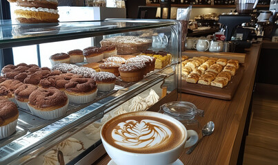 Delicious cappuccino and tempting pastries in cozy bakery. warm lighting and artful latte art evoke feelings of comfort and indulgence