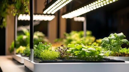Fototapeta premium A serene hydroponics garden with grow lights and nutrient reservoirs, Hydroponic systems and plant trays meticulously placed, Modern gardening style