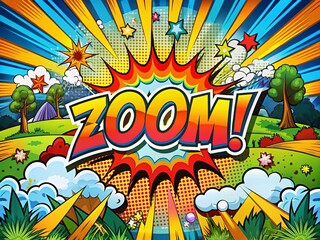 Fototapeta premium Colorful Comic Book Style Background with Zoom Text Effect for Dynamic Landscape Photography and Bold Visual Storytelling in Vibrant Colors and Engaging Designs