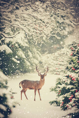 Fototapeta premium Cute reindeer in a Christmas snowy forest, surrounded by falling snow, creating a magical winter scene.Vertical winter card for New Year greetings on social networks
