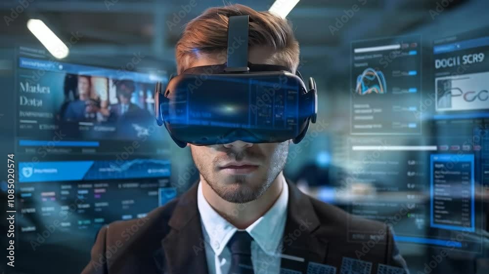 Poster a man in a suit using virtual reality technology for data analysis and visualization.