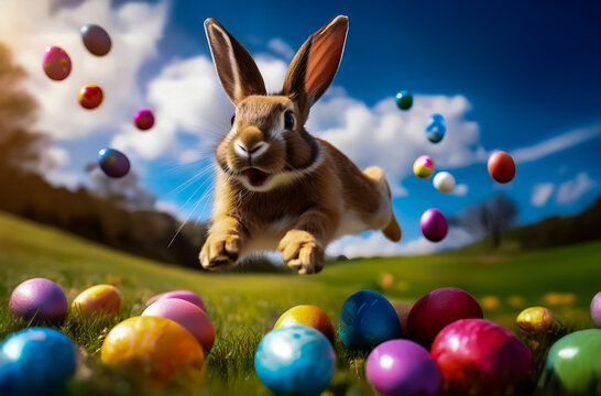 Gl&uuml;cklicher springender Osterhase auf der Osterwiese mit vielen bunten und buntbemalten Eiern 