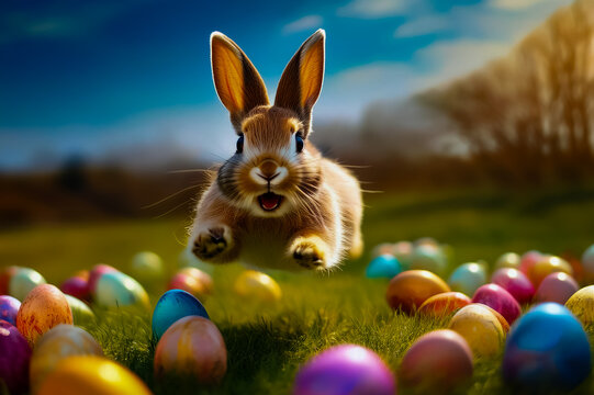 Gl&uuml;cklicher springender Osterhase auf der Osterwiese mit vielen bunten und buntbemalten Eiern 