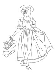 Fototapeta premium Classic black-and-white artwork depicting a young woman in vintage clothing. A nostalgic, retro-style illustration, ideal for historical, fashion, or artistic themes.