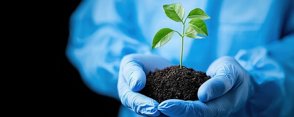 Health care worker promotes sustainability efforts. A person in blue gloves holds a small green plant with soil, symbolizing care for nature and environmental sustainability.