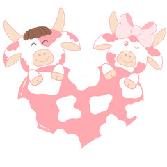 Pink couple cow cartoon with Cow print pink and white heart