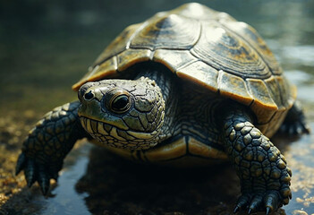 Fototapeta premium Close-Up of a Turtle in Its Natural Habitat by the Water