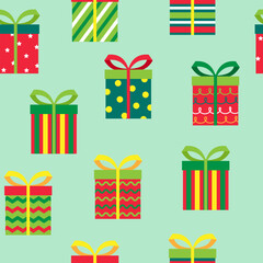 seamless pattern colorful patterned presents with bows on light green background is great for festive designs or wrapping paper. Perfect for gift related projects.
