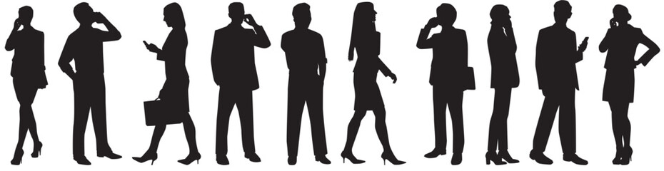 set of group of people using mobile phone silhouette. 