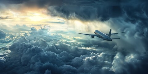 Airplane Soaring Above Dramatic Cloudscape: A Breathtaking Aerial View