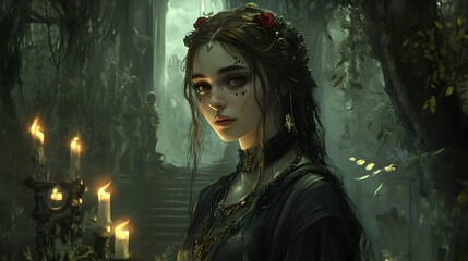 Fototapeta premium Mystical Fantasy Portrait of a Captivating Feminine Character in Dramatic Lighting