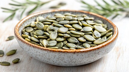Obraz premium Freshly roasted pumpkin seeds in a ceramic dish, isolated on a light wooden table with scattered rosemary sprigs