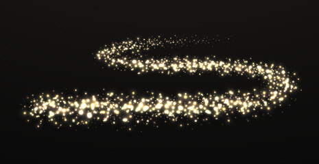 Golden wave sparkling dust trail on dark background. Festive glowing shimmering path of glitter particles.