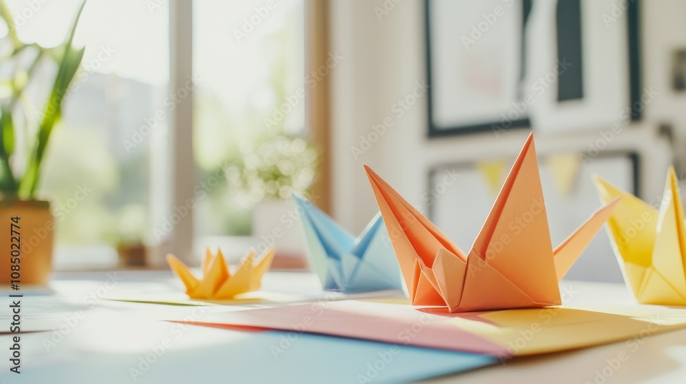 Poster a serene origami workspace with colorful paper and folding instructions neatly arranged on a clean t