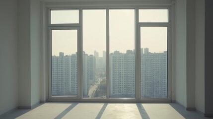 Fototapeta premium Interior view of an empty room in a skyscraper, showcasing the cityscape during the day. The skyline view from a high-rise window offers a gorgeous property with a stunning view.