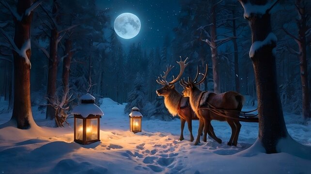 Two reindeer standing in a snowy forest at night, with a full moon in the sky and a lantern glowing nearby.	
