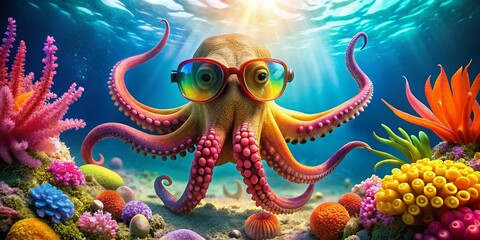 Naklejka premium Cute octopus wearing sunglasses in a vibrant underwater scene, showcasing playful marine life and colorful corals, perfect for summer themes and oceanic adventures.